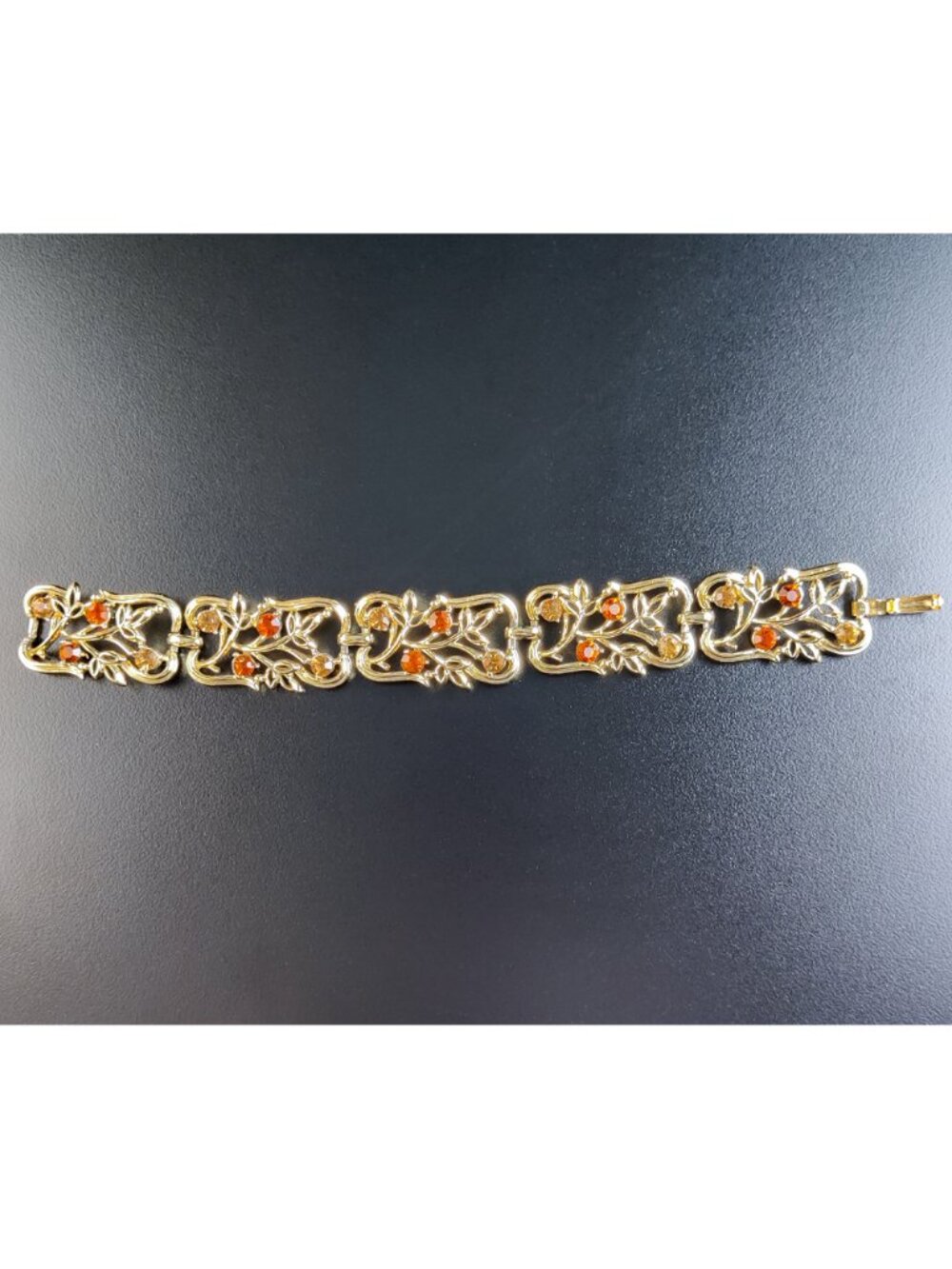 Vintage Signed 50s Coro Gold Plated Alloy Bracelet & Earrings Amber Topaz Color - Picture 3 of 10